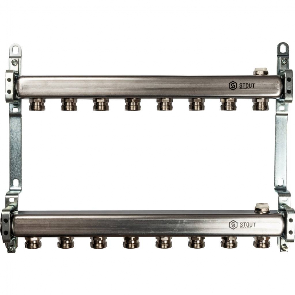 Коллектор из нержавеющей стали ASI 304L для радиаторного отопления на 8 выходов STOUT